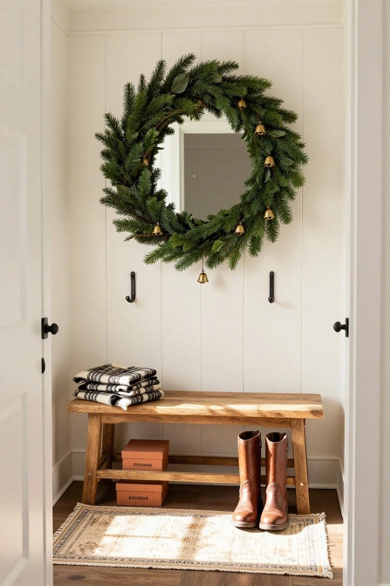 White shiplap-walled mudroom with round mirror framed by lush evergreen wreath and gold bells, wooden bench holding plaid blankets and orange boxes, tall brown boots on floor, black hooks on wall, open doors on sides.