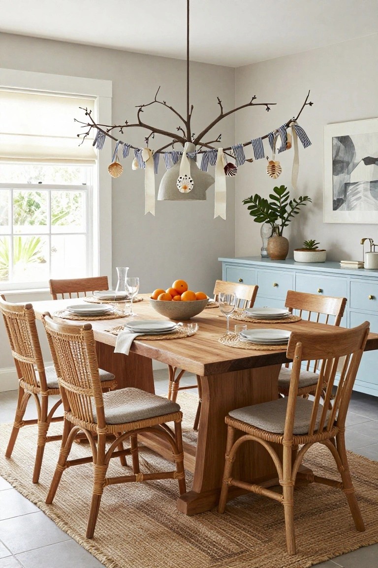 Dining room with oak table set with white plates, glasses, and oranges in a bowl, rattan chairs, blue sideboard, plants, and branch chandelier overhead draped with striped garlands, ribbons, shells, and ornaments.