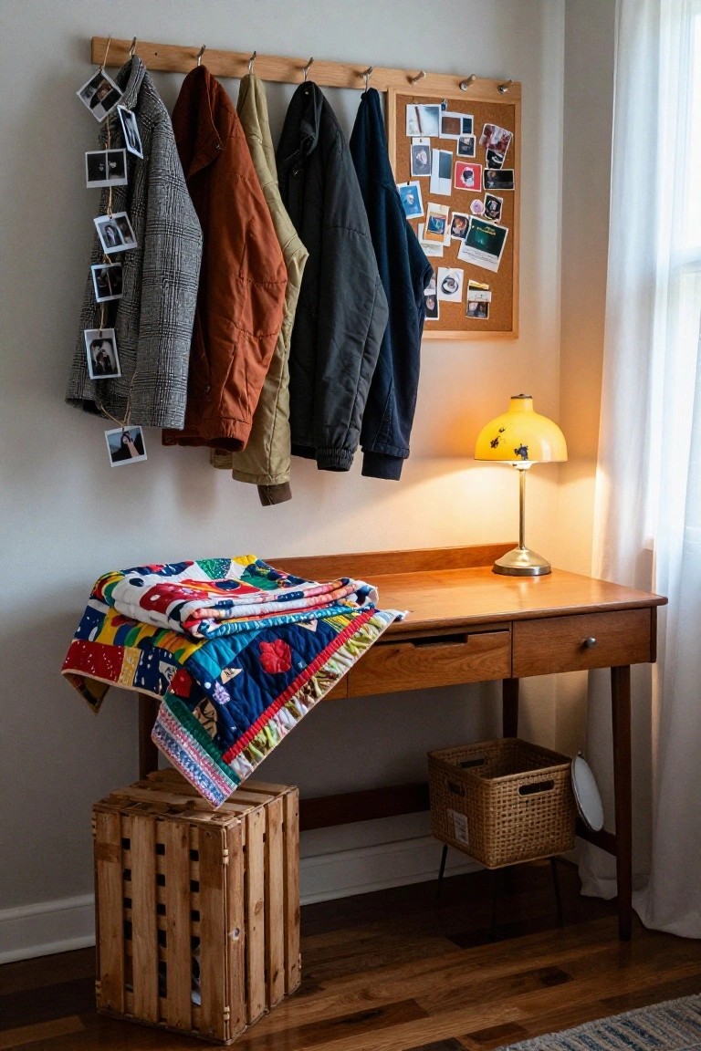 Wooden wall-mounted coat rack with various jackets hanging from hooks, strings of polaroid photos draped over them, adjacent corkboard with pinned photos, wooden desk with folded colorful quilt, yellow lamp, wicker basket, and wooden crate stool in a light-filled room.