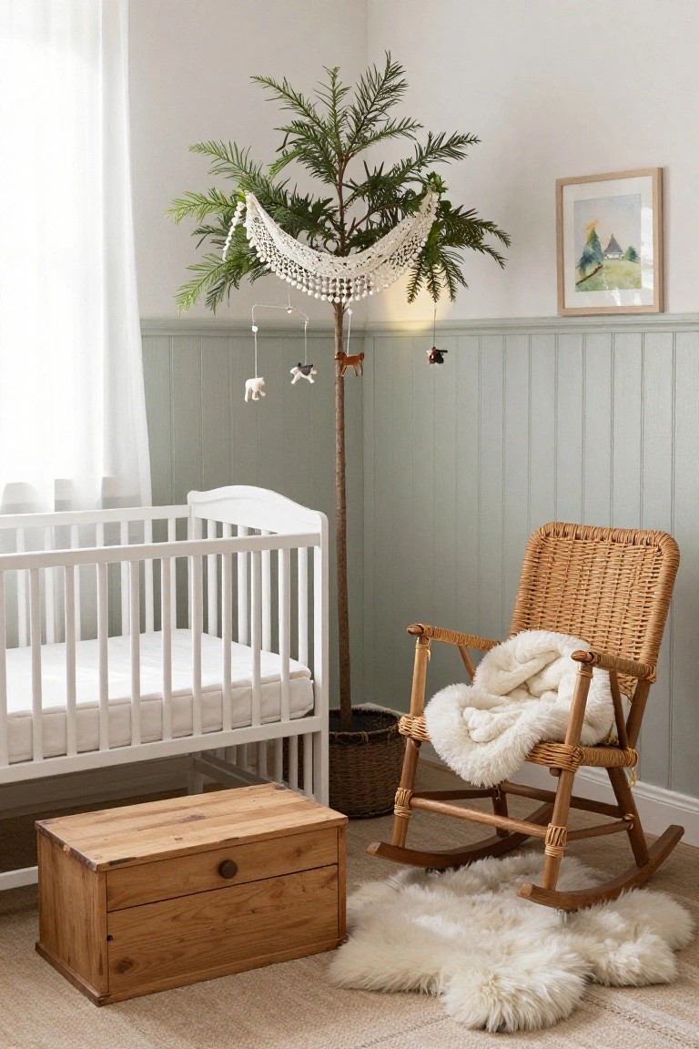 Nursery room corner featuring a white crib, wicker rocking chair with white throw, potted Christmas tree draped in white lace garland with hanging sheep and deer ornaments, wooden toy chest, white sheepskin rugs, and pale green paneled walls.