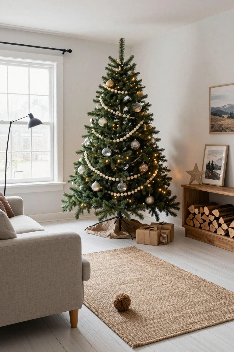 A Christmas tree in a living room corner decorated with white beaded garlands, lights, gold and silver ornaments, next to a beige sofa, seagrass rug, and wood rack with firewood.