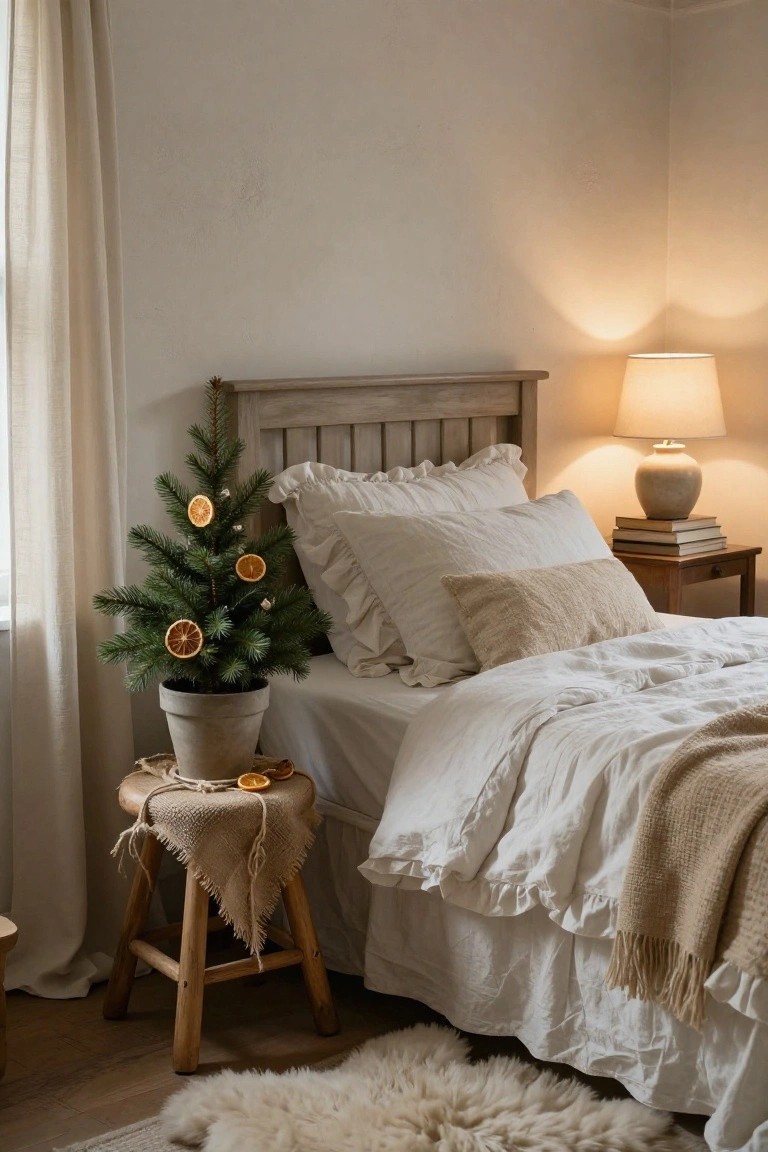 Corner of a bedroom featuring a small potted Christmas tree decorated with dried orange slices, ornaments, and bells on a wooden stool next to a white bed with ruffled linens, a bedside lamp, and a sheepskin rug on the floor.