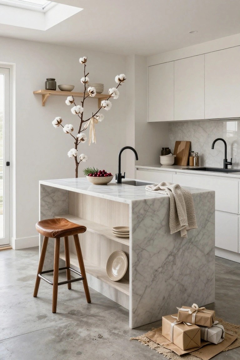 Modern white kitchen featuring a marble-topped island with wooden stool, black faucets, cotton branch decoration on shelf, bowl of red berries, and wrapped gifts on concrete floor.