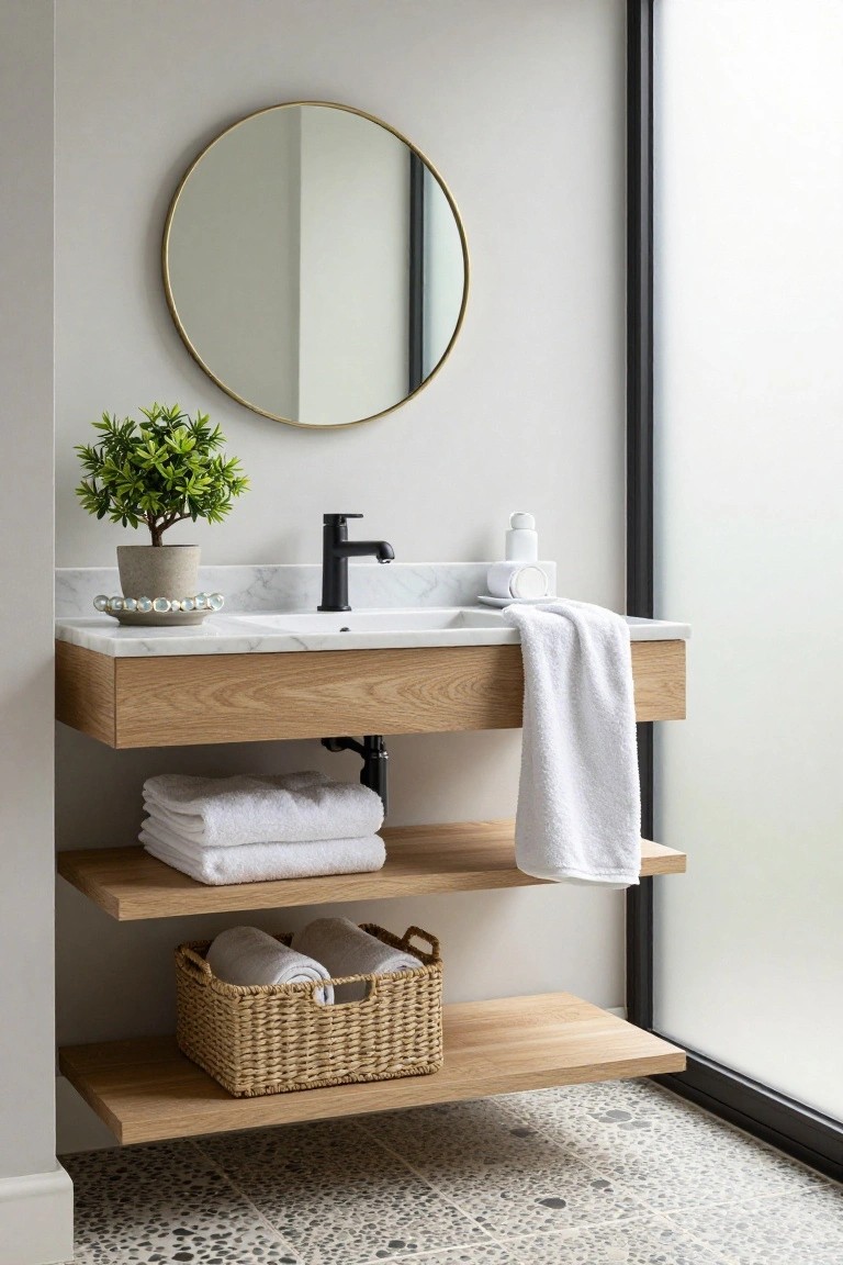 Floating oak wood bathroom vanity with white marble top and black faucet over a sink, open shelves below holding stacked white towels and a wicker basket, round gold-framed mirror, potted green plant, white towels draped over edge, beside a frosted glass window on pebble tile floor.
