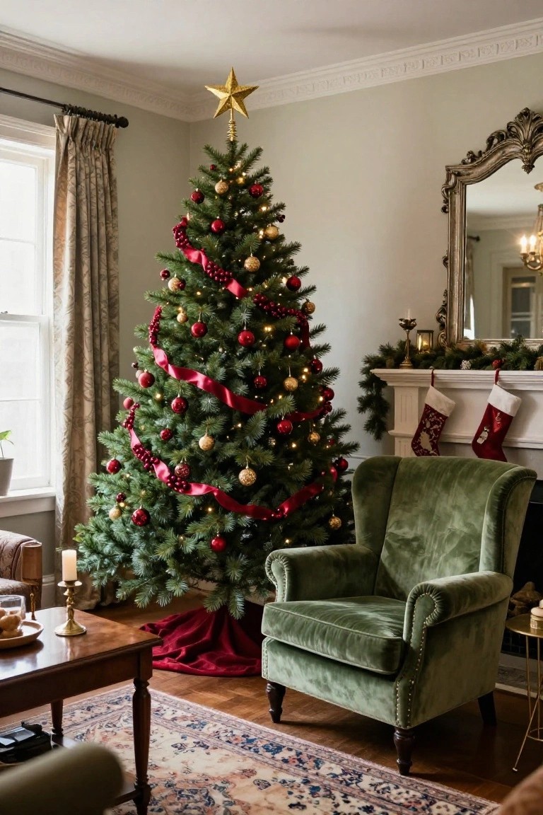 Living room corner with tall lit Christmas tree wrapped in red ribbon and berry garlands, gold star topper, red ornaments, green velvet armchair, wood table, fireplace with stockings, and beige walls.