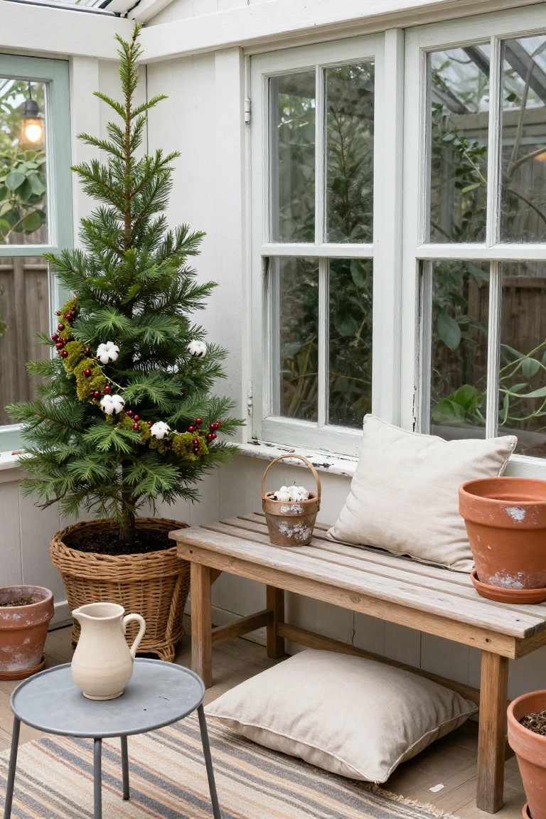 Small potted Christmas tree decorated with spiraling garland of green moss, red berries, and white cotton bolls in a white wooden greenhouse interior with wooden bench, beige pillows, wicker basket, terracotta pots, and metal table.