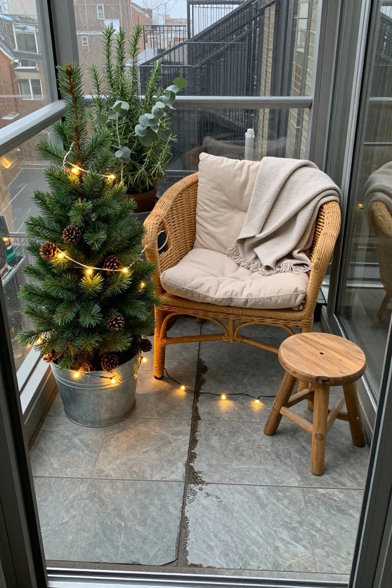 Small potted Christmas tree decorated with pinecones and string lights in a galvanized bucket on a tiled balcony next to a wicker armchair with beige cushions and blanket, wooden stool, potted rosemary and eucalyptus plants, and fairy lights on the floor, viewed through glass balcony doors with urban buildings outside.
