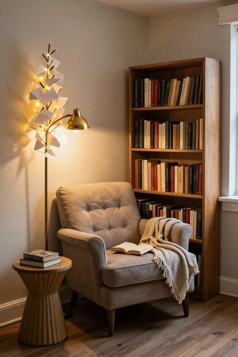 Cozy beige armchair with open book, throw blanket, and side table holding stacked books next to wooden bookshelves and tree-shaped floor lamp with white paper leaves emitting warm light in a light gray room.