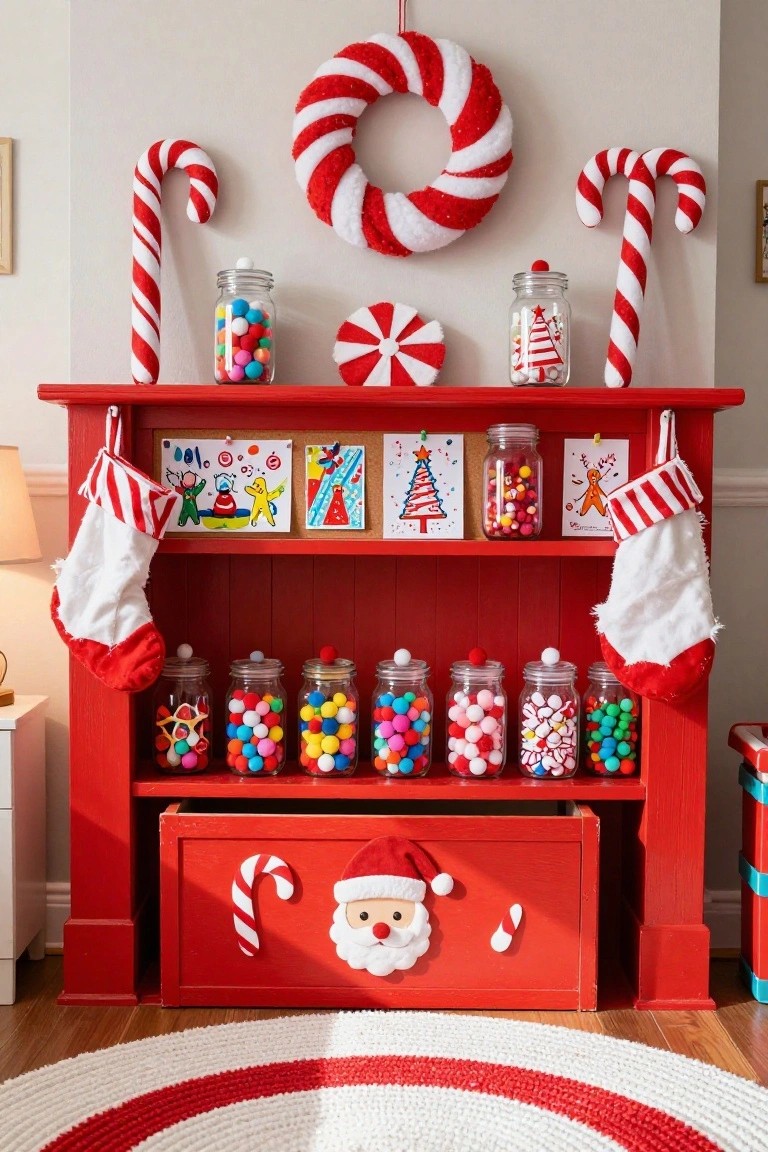 Red wooden mantle shelf decorated for Christmas with multiple glass jars filled with colorful candies, hanging stockings, kids' artwork, candy canes, and a wreath above.