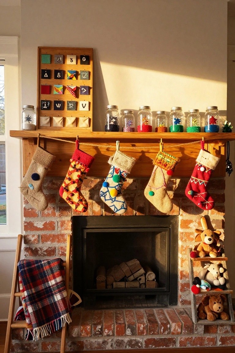 Brick fireplace mantel with colorful handmade Christmas stockings in various fabrics and patterns hanging from a rope, jars and small decorations on wooden shelf above, plaid blanket on ladder nearby, and stuffed animals on brick shelf.