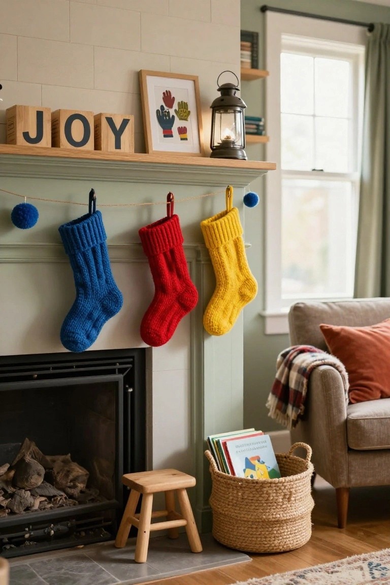 A living room fireplace mantel with wooden block letters spelling JOY, a framed handprint artwork, a metal lantern, and three colorful knit Christmas stockings in blue, red, and yellow hanging from hooks, with a small stool, woven basket of children's books, and armchair nearby.