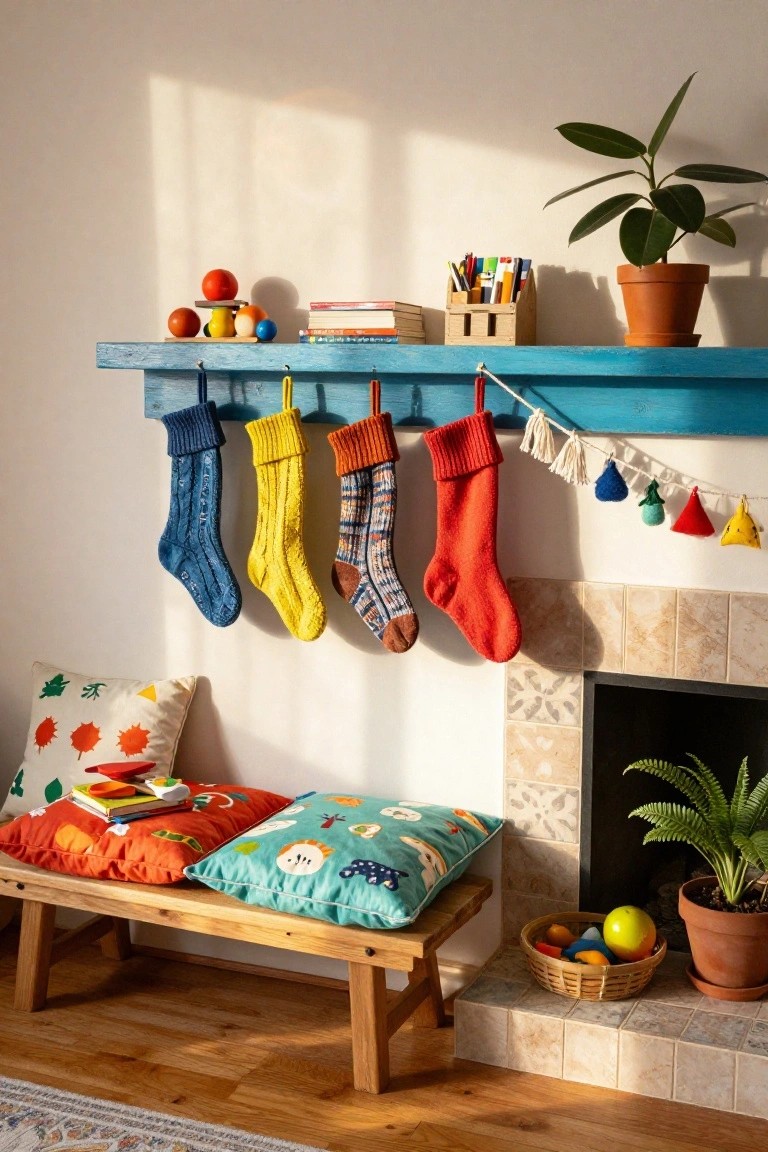 Cozy living room fireplace with turquoise wooden mantel shelf displaying colorful knitted stockings hanging from hooks, wooden toys and books on the shelf, patterned pillows on a bench below, plants nearby.