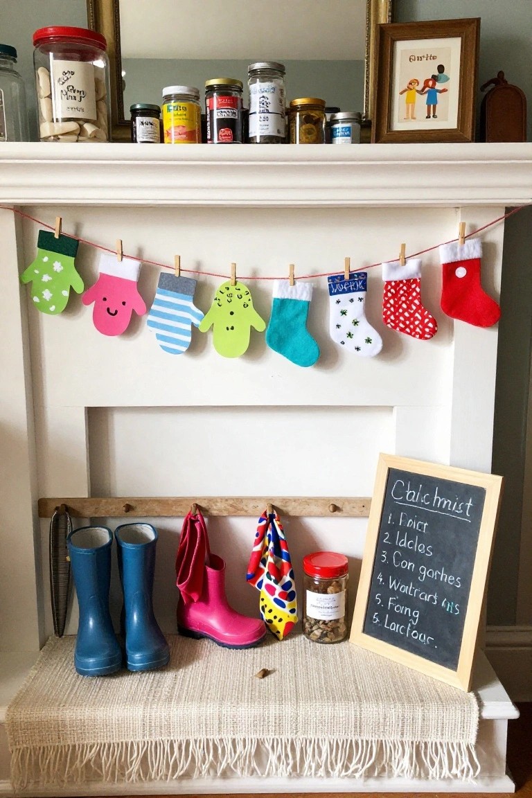 Fireplace mantel with colorful handmade paper mittens in various patterns clipped to a clothesline string above the hearth, jars and cans on wooden shelves overhead, rubber boots and a chalkboard shopping list on the ledge below.