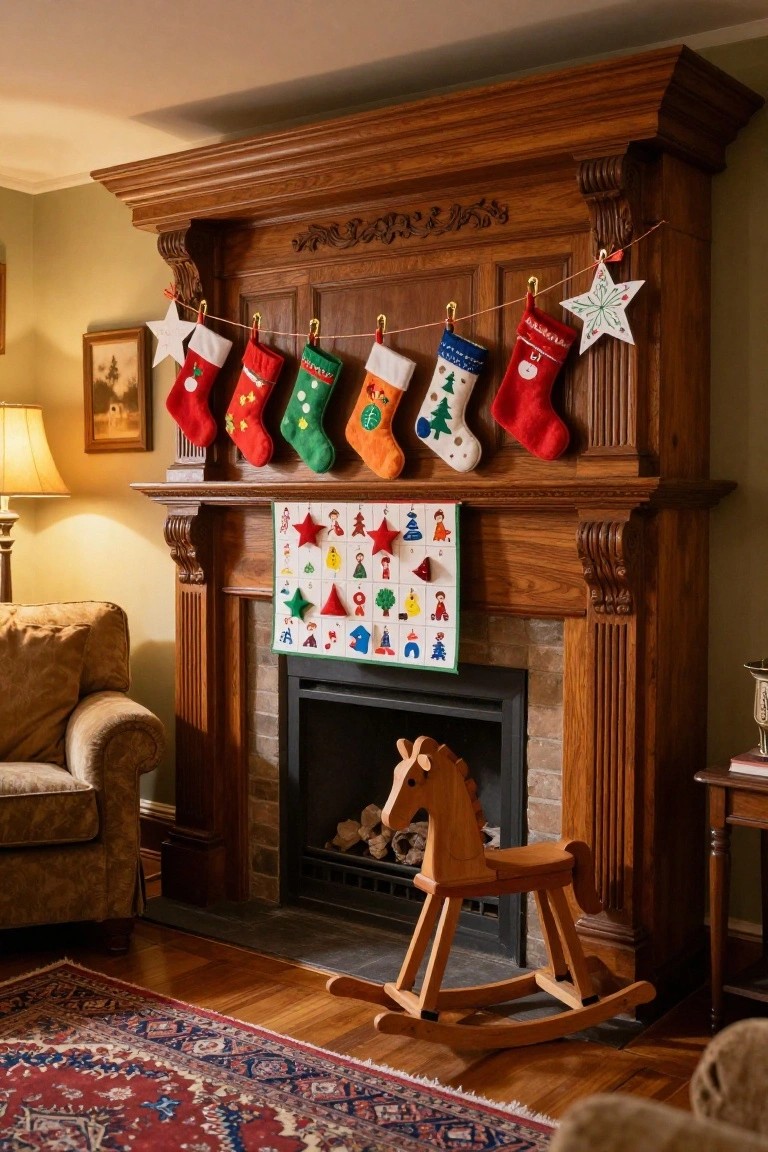 Wooden fireplace mantel in a cozy living room decorated with a row of colorful Christmas stockings hanging from a string, a fabric advent calendar below, hanging paper stars, and a wooden rocking horse positioned in front.