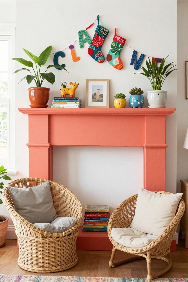 Coral fireplace mantel with colorful patterned stockings hanging above, fabric letter garland strung across, potted plants, books, succulents, and toys on the shelf, rattan chairs in front on a patterned rug