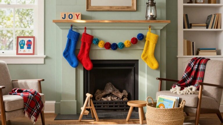 A living room fireplace mantel with wooden block letters spelling JOY, a framed handprint artwork, a metal lantern, and three colorful knit Christmas stockings in blue, red, and yellow hanging from hooks, with a small stool, woven basket of children's books, and armchair nearby.