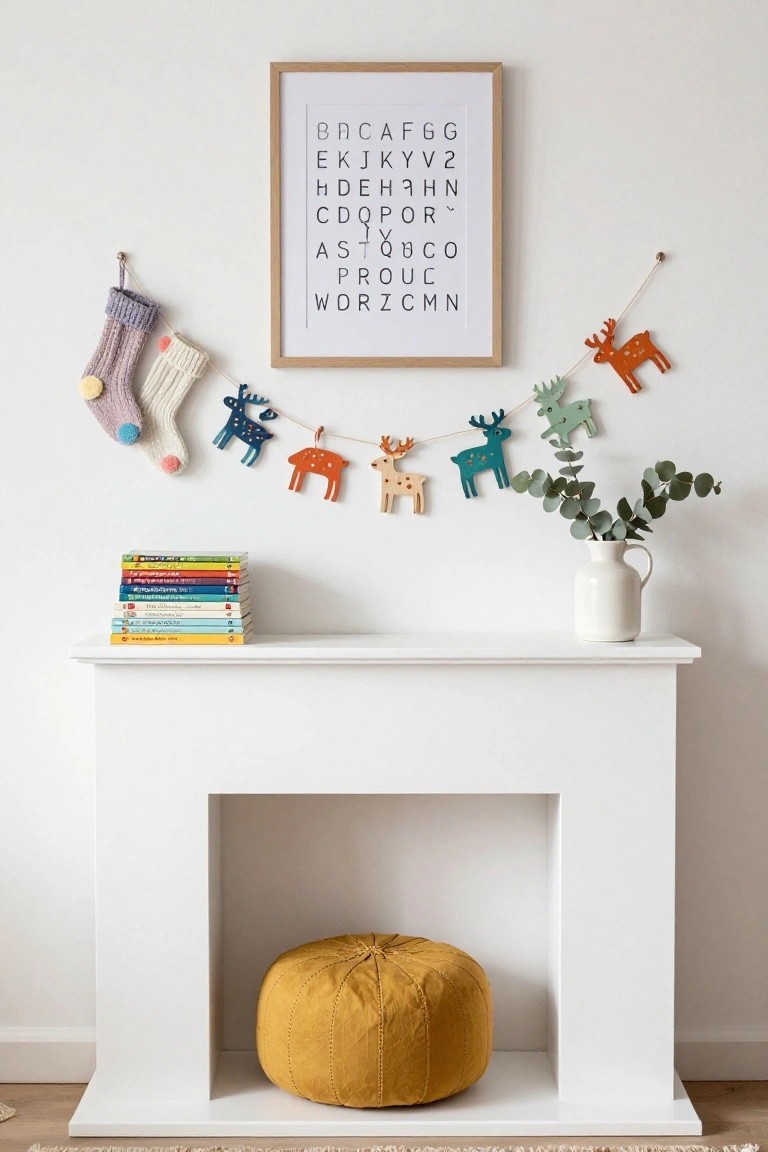 White fireplace mantel with a stack of colorful children's books, white vase of eucalyptus leaves, knit stockings hanging on the wall, garland of assorted colorful wooden reindeer, and framed black letter alphabet poster nearby, plus a yellow pouf stool in front.