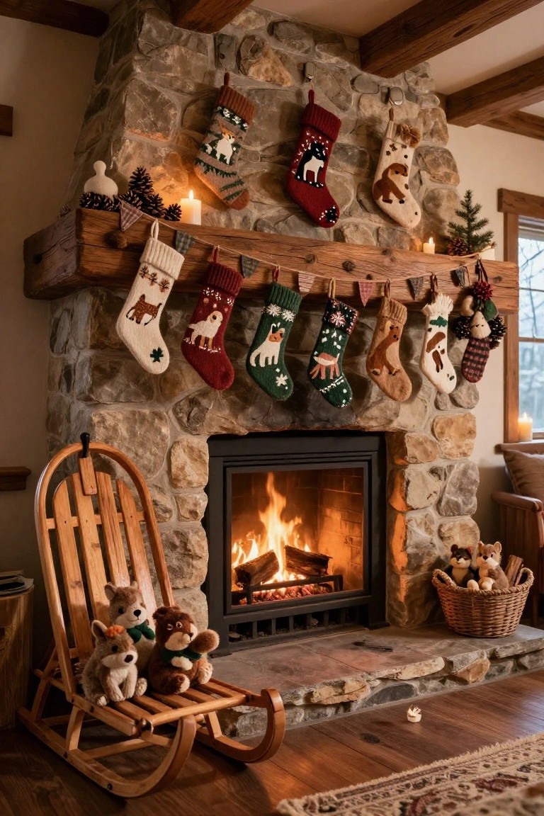 Fun Knitted Animal Stockings on the Mantel