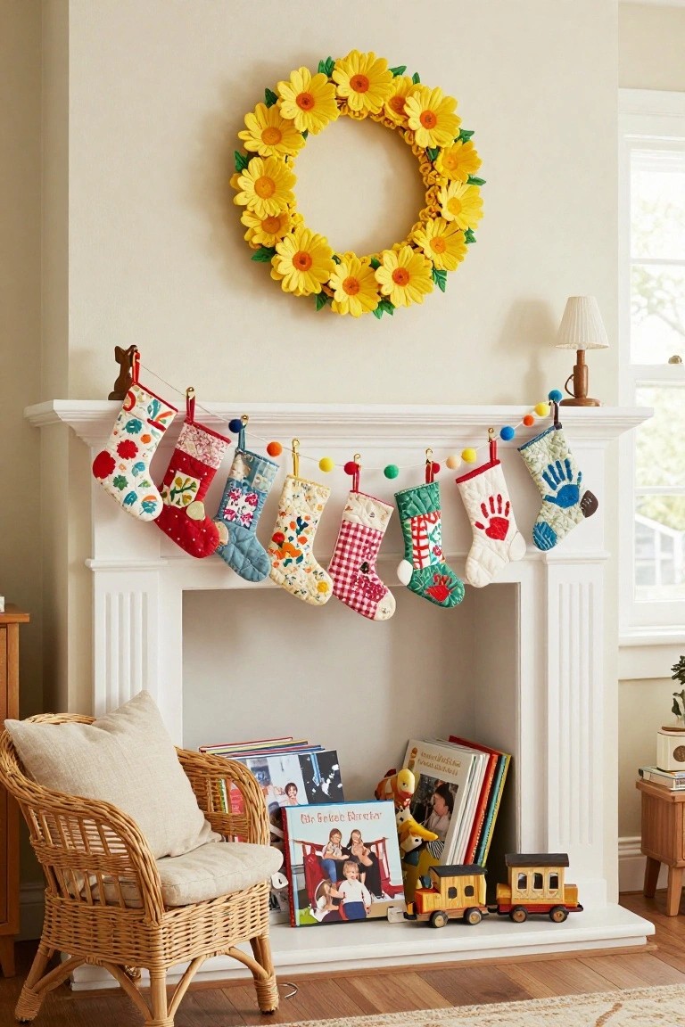 White fireplace mantel with a row of colorful patterned Christmas stockings hanging from gold chains and pom-poms, yellow fabric sunflower wreath above, children's books and wooden toy train on hearth, wicker armchair with pillow nearby.