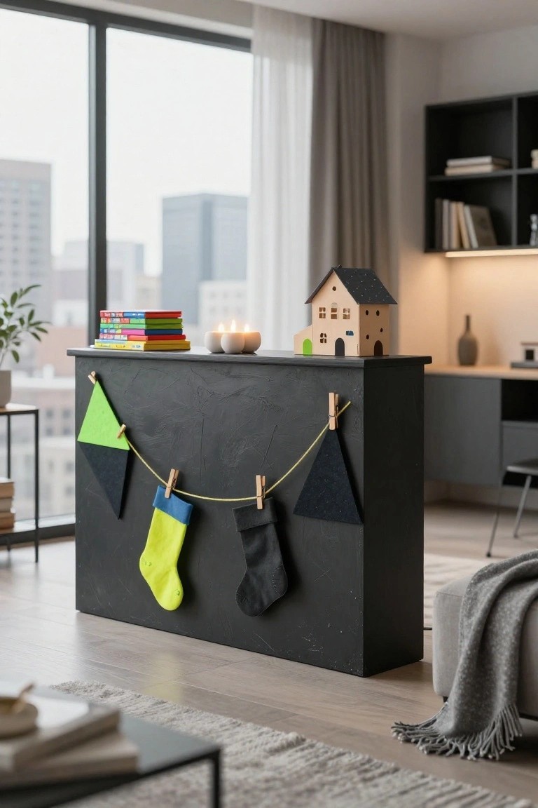 Modern apartment interior with large windows showing city skyline, black bar counter holding stacked colorful children's books, white candles, small wooden toy house, green and black fabric bunting with clothespins, and yellow and black Christmas stockings hanging from the edge.