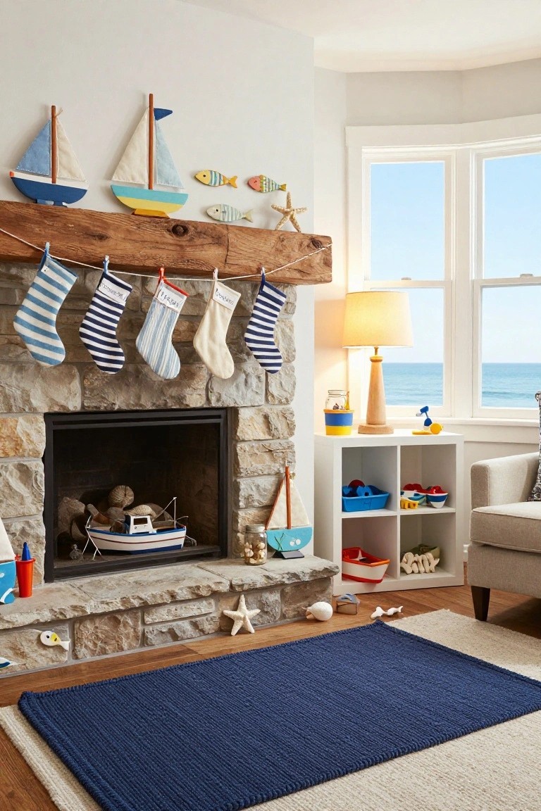 Stone fireplace mantel with hanging colorful striped Christmas stockings, wooden boat and fish decorations, nautical toys on white cubby shelves, lamp, and ocean view window in a light room.