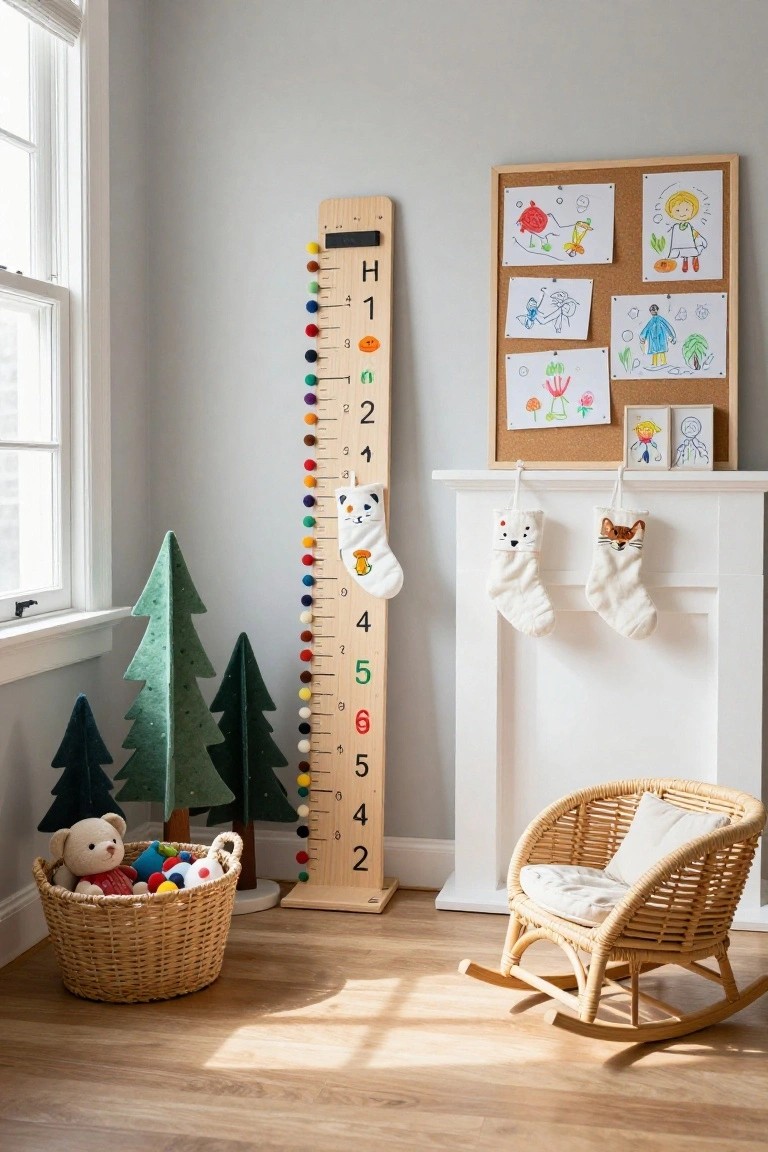 White fireplace mantel with two hanging white stockings featuring cat and fox embroidery, next to a wooden height chart with colorful beads, small green felt Christmas trees, a wicker basket of toys and teddy bear, kids' artwork on a corkboard above, and a wicker rocking chair in a light gray room with hardwood floors.