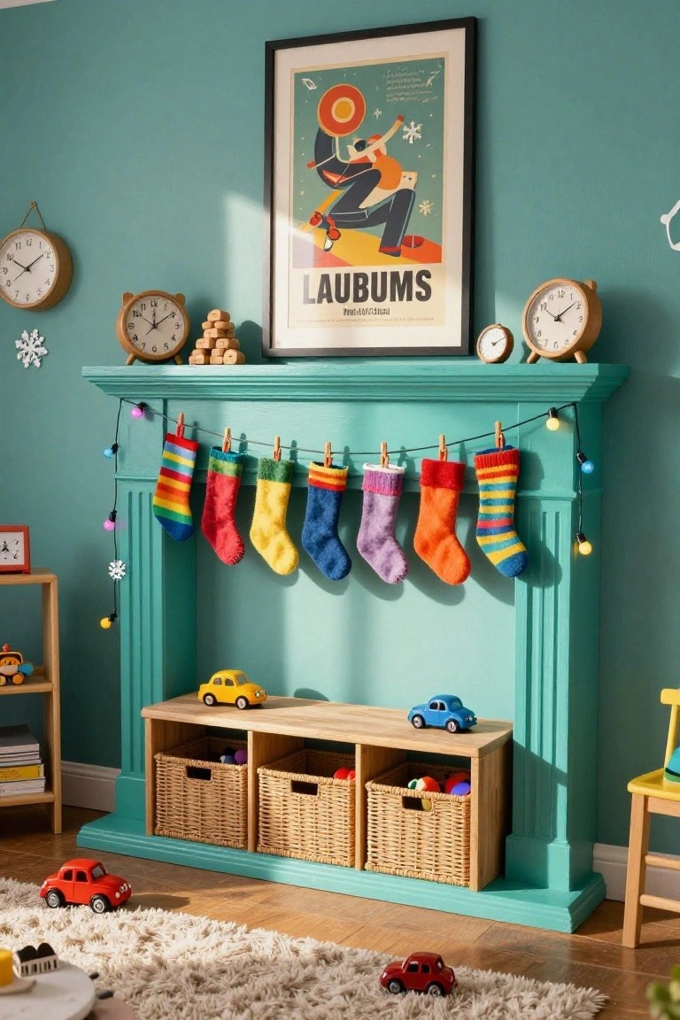 A turquoise fireplace mantel in a children's room with multicolored knit stockings hung on a clothesline strung with fairy lights, flanked by wooden clocks and toy cars below.
