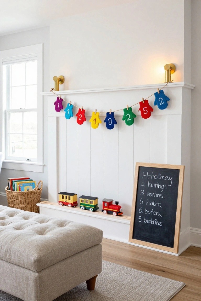 White paneled mantel with garland of colorful numbered felt mittens hung by clothespins, wooden toy trains on shelf below, basket of books nearby, chalkboard listing activities, and beige upholstered ottoman in front of hardwood floor.