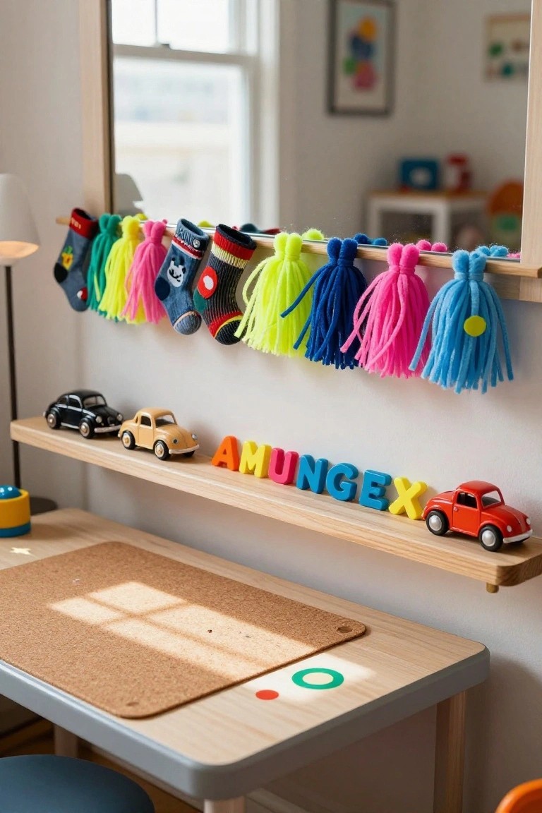 Wooden shelf above a child's light wood desk holds two black toy cars, a yellow toy car, colorful wooden letters spelling AMUNGEX, and a red toy car, with a row of multicolored socks featuring tassel and pom-pom details hanging from a rod in front.