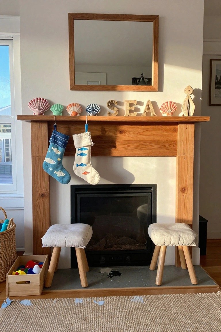 Wooden mantel above a gas fireplace decorated with multicolored sea shells, wooden 