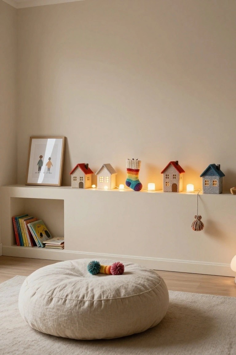 Light beige room corner with floating wooden shelf displaying small lit felt houses in various colors, rainbow knit Christmas stocking, books on lower shelf, hanging tassel, and cream linen pouf with colorful pom poms on wood floor.