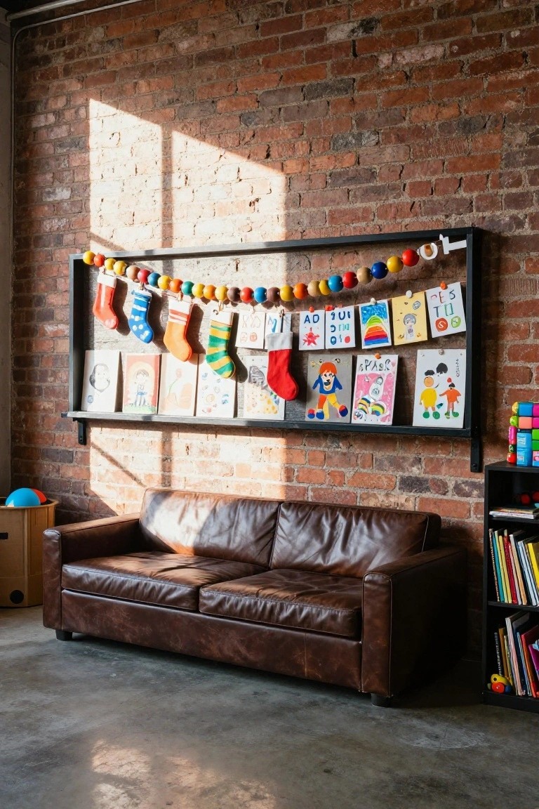 Brick-walled room with black metal shelf displaying colorful Christmas stockings on a beaded garland and children's artwork pinned around it, brown leather sofa, toy box, and bookshelves nearby.