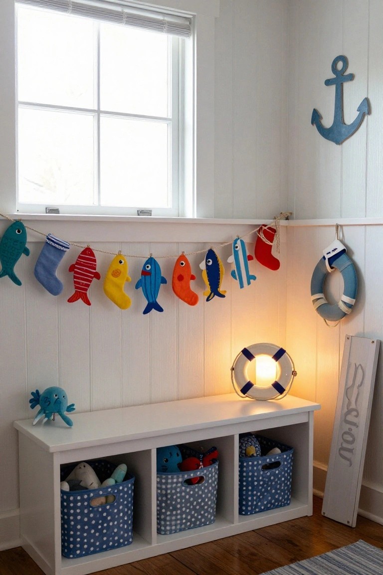 White shiplap corner room with window, garland of colorful felt fish and stockings hanging above a bench with blue fabric bins filled with toys, nautical anchor and life preserver decorations.