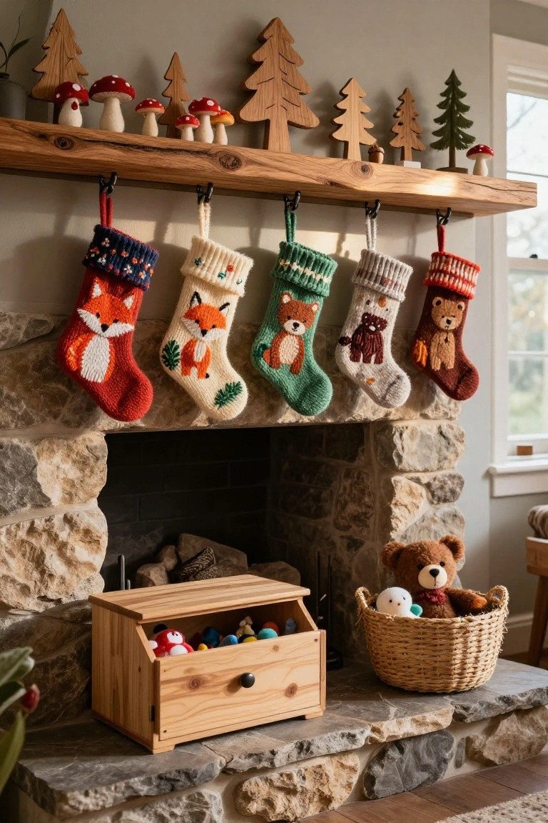 Rustic wooden mantel shelf above a stone fireplace with hanging colorful knitted Christmas stockings featuring fox and bear designs, wooden tree and mushroom decorations, and toy boxes with stuffed animals and balls on the hearth.