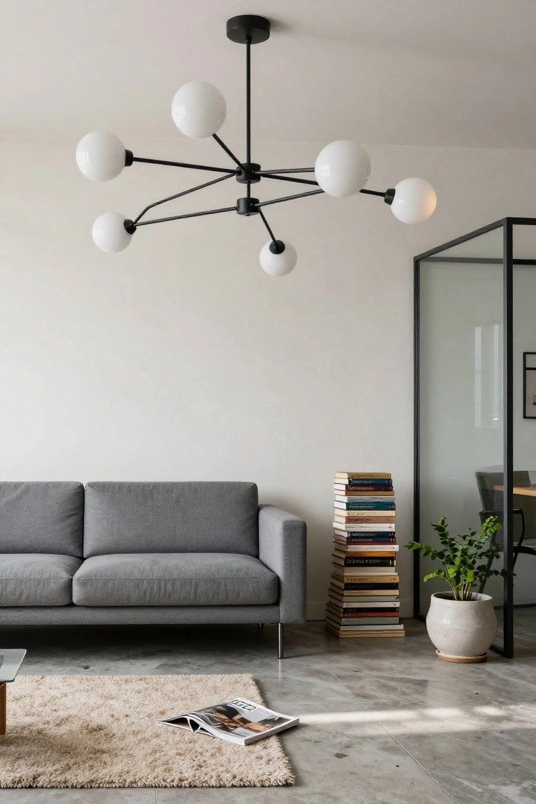 Modern living room with a black metal spider chandelier featuring seven white globe lights above a gray two-seater sofa, beside a stack of books, potted plant, and glass partition room divider on a concrete floor.