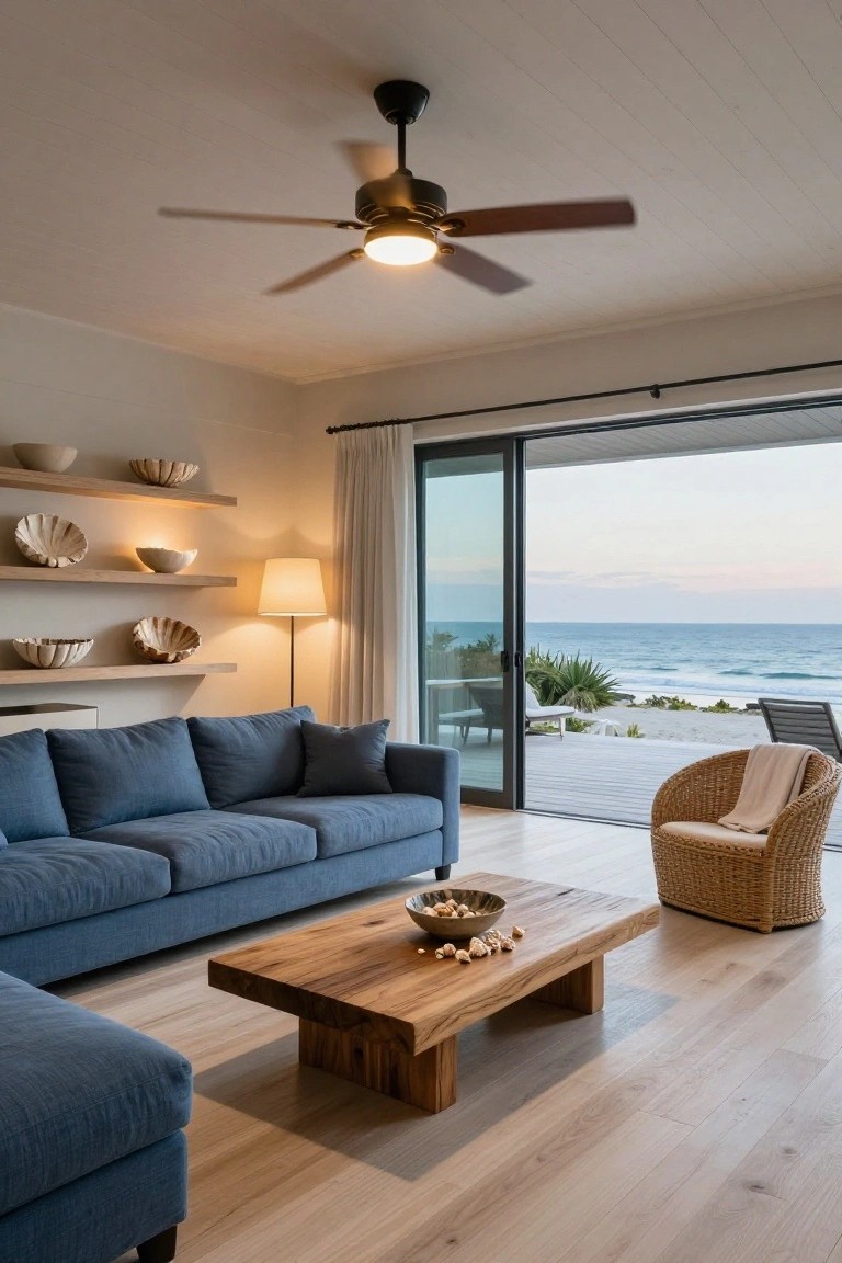 Living room interior with navy blue L-shaped sofa, wooden coffee table holding a bowl of shells, floating wooden shelves with ceramic bowls, ceiling fan with integrated light, and sliding glass doors opening to a deck overlooking the ocean at dusk.