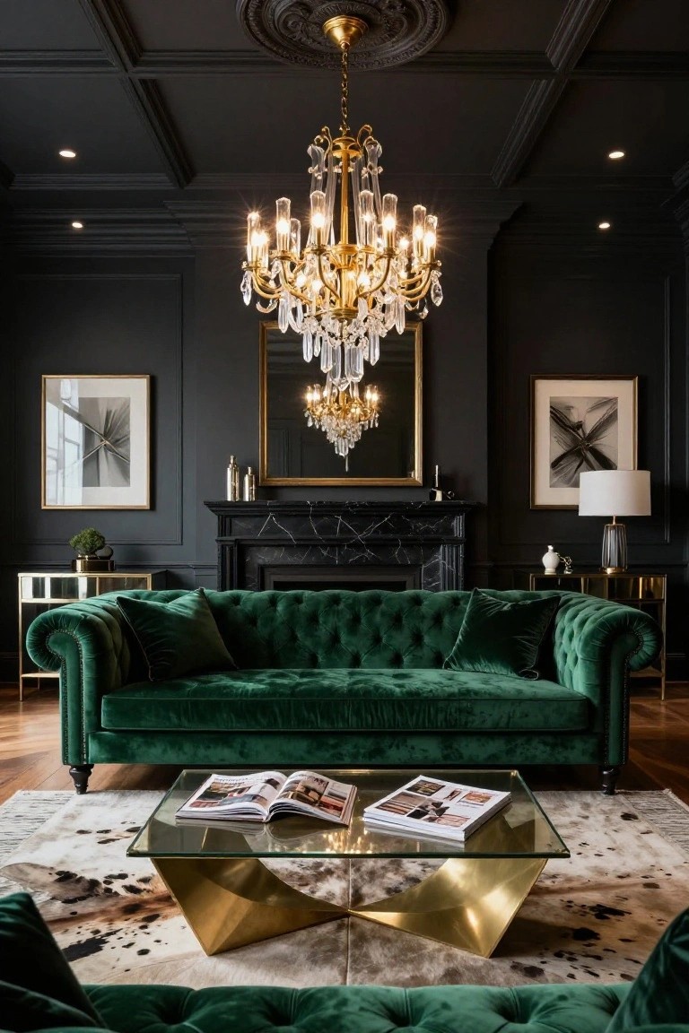 Dark-paneled living room with large crystal chandelier hanging from coffered ceiling, emerald green tufted sofa, brass coffee table, black marble fireplace, and abstract wall art.