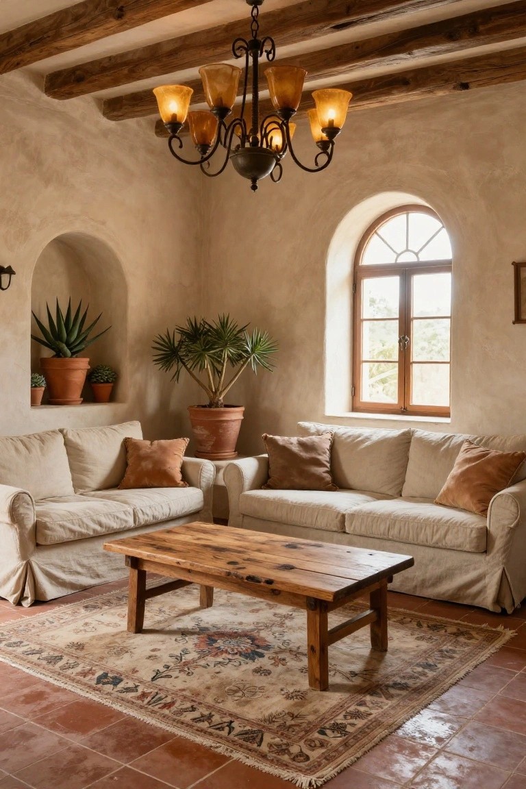 Living room with beige slipcovered sofas around a wooden coffee table on a patterned rug, potted plants in arched niches, arched window, terracotta tile floor, and rustic chandelier with amber glass shades hanging from wooden beam ceiling.
