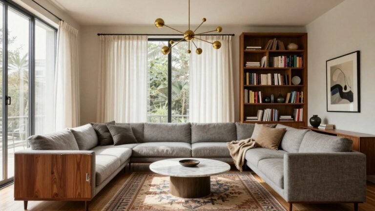 Living room featuring wooden built-in bookshelves filled with books and ceramics, a gray upholstered sofa with throw blanket and pillow, round marble-top coffee table on wood rug, and gold multi-arm sputnik chandelier overhead, with large window and curtains in background.