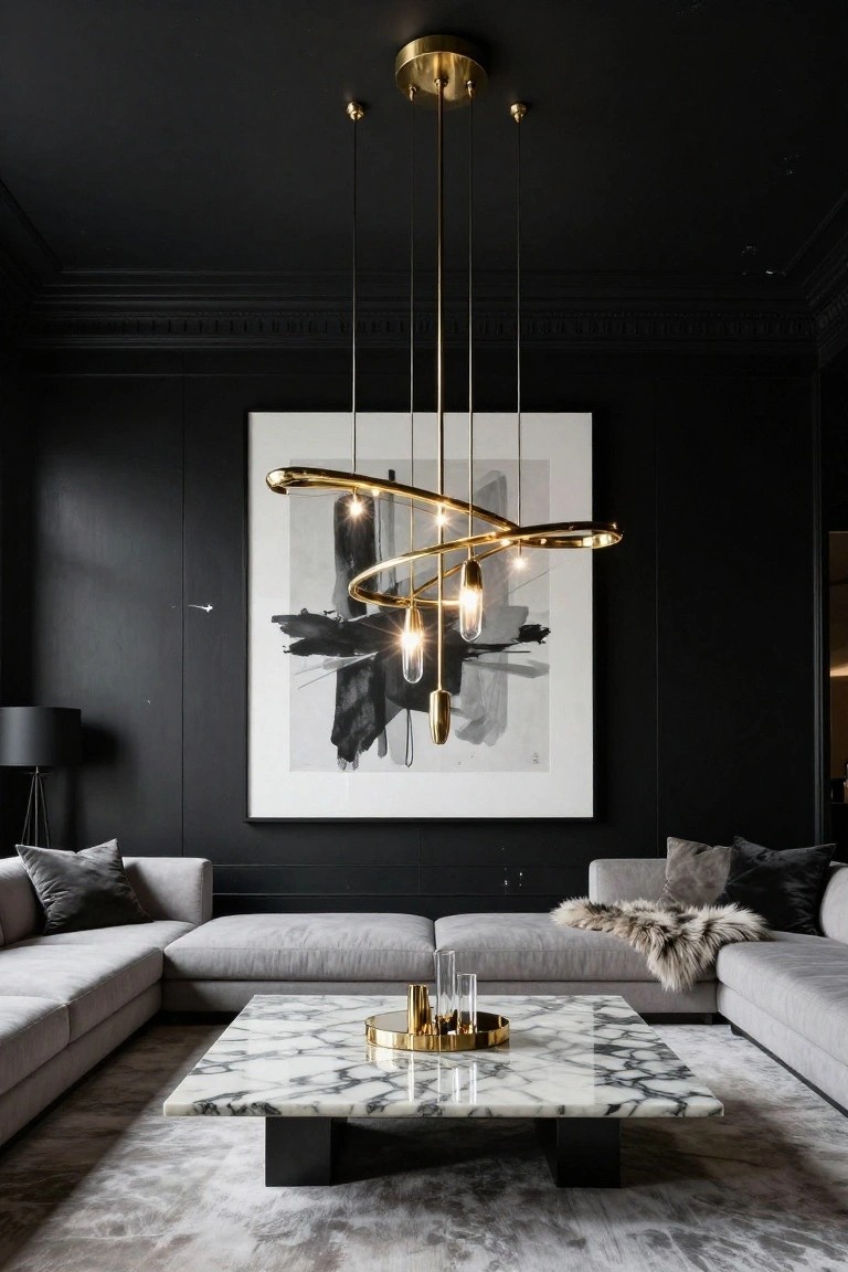 A black-walled living room featuring a large sculptural gold chandelier with curved arms and bulb fixtures hanging above a gray L-shaped sectional sofa and a white marble coffee table on a gray rug.