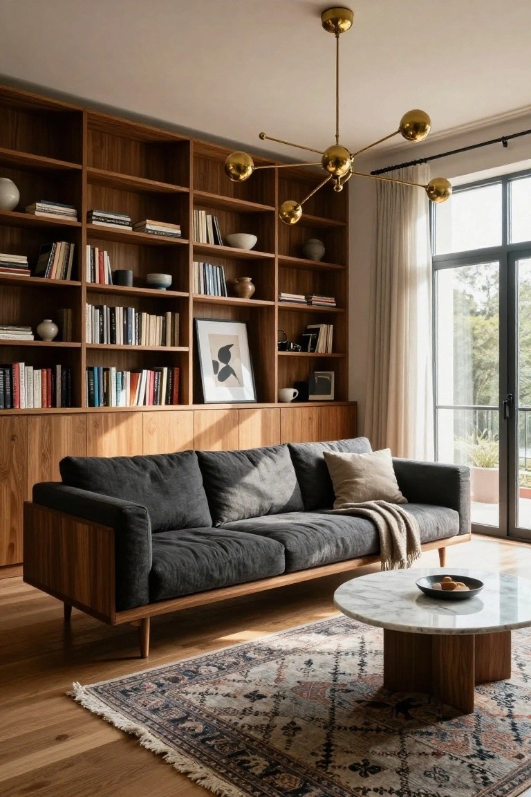 Living room featuring wooden built-in bookshelves filled with books and ceramics, a gray upholstered sofa with throw blanket and pillow, round marble-top coffee table on wood rug, and gold multi-arm sputnik chandelier overhead, with large window and curtains in background.