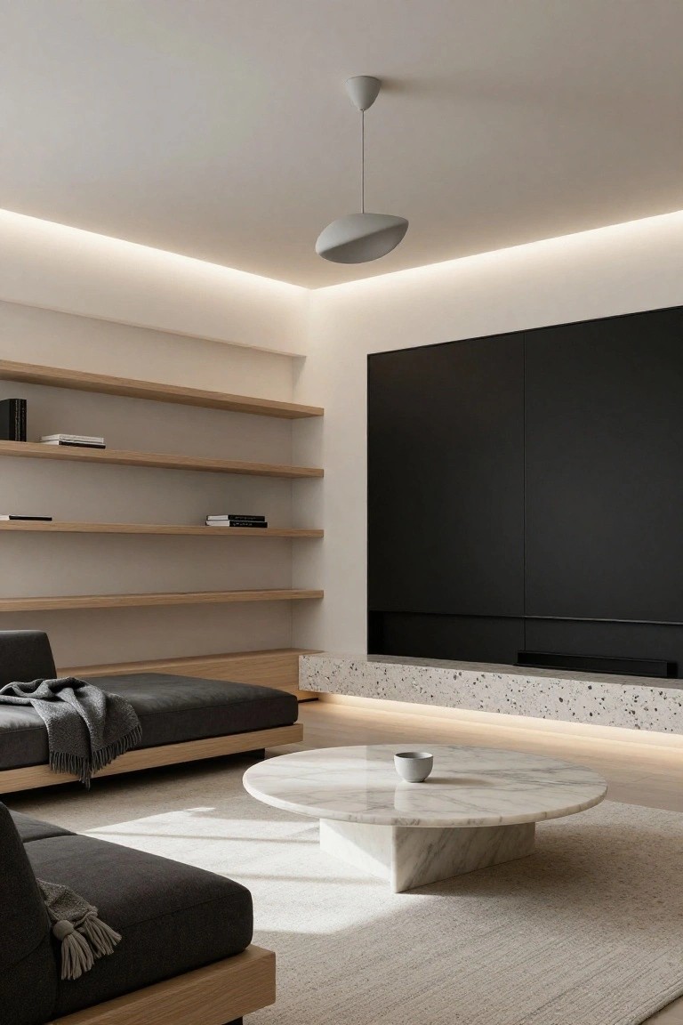 Modern living room with oak floating shelves next to a large black media wall, low gray sofa with throw, white marble coffee table, pod-shaped pendant light hanging from ceiling, perimeter LED strip lighting along ceiling edges, and beige walls.