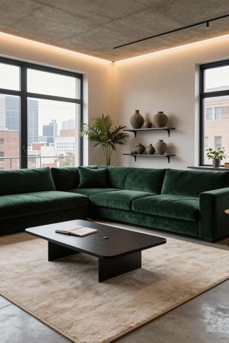 Modern living room featuring an exposed concrete ceiling with recessed LED strip lights along the edges and track lighting, green velvet L-shaped sofa, black rectangular coffee table, large windows with city view, shelves with ceramic pots and plants on beige walls.