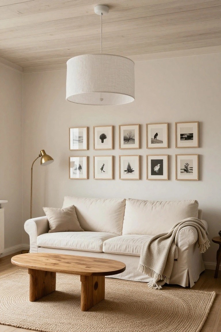 Living room with large white linen drum pendant light hanging from light wood plank ceiling above oval wooden coffee table, cream slipcovered sofa with throw, round seagrass rug, brass arc floor lamp, and wall of framed black-and-white photos.