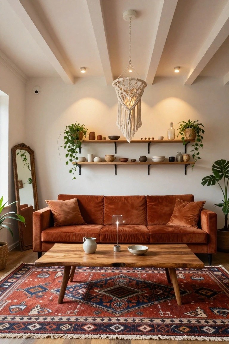 Living room featuring a white macramé chandelier hanging from wooden beamed ceiling above an orange velvet sofa, wooden coffee table on a red and blue rug, shelves with pottery and plants on white wall, and potted plants near an ornate mirror.