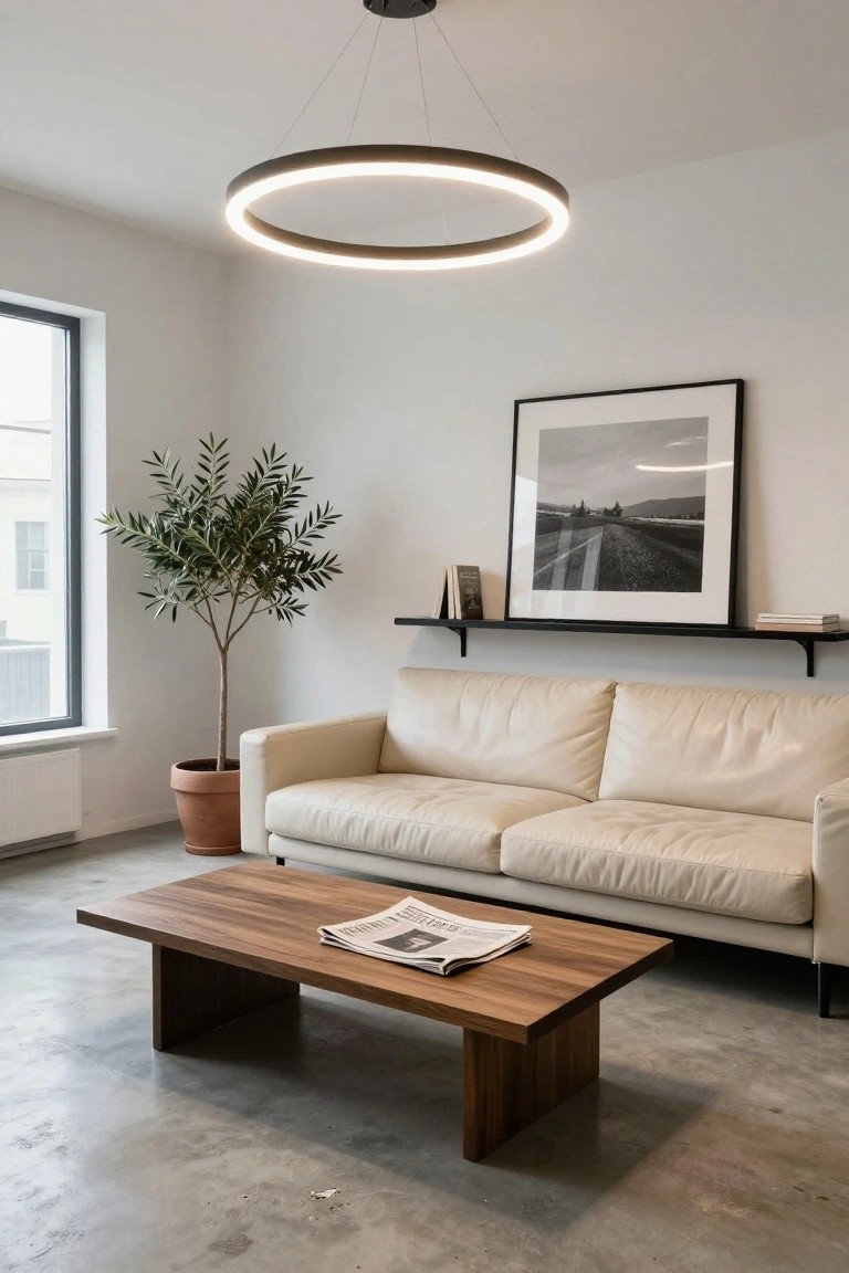 Modern living room with a large black circular LED ring light hanging from the ceiling above a beige leather sofa, wooden coffee table with newspaper, potted olive tree, and black shelves with books and framed photo by a window.