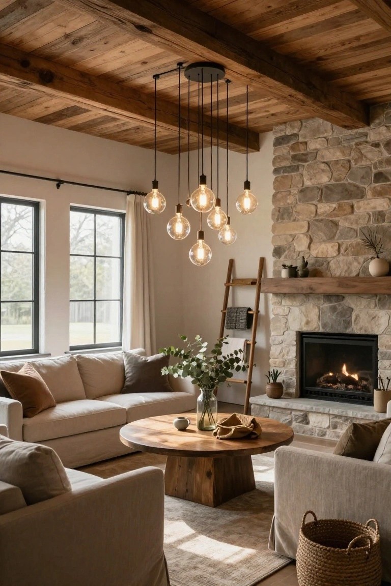 Multi-Bulb Pendant from Wood Beams