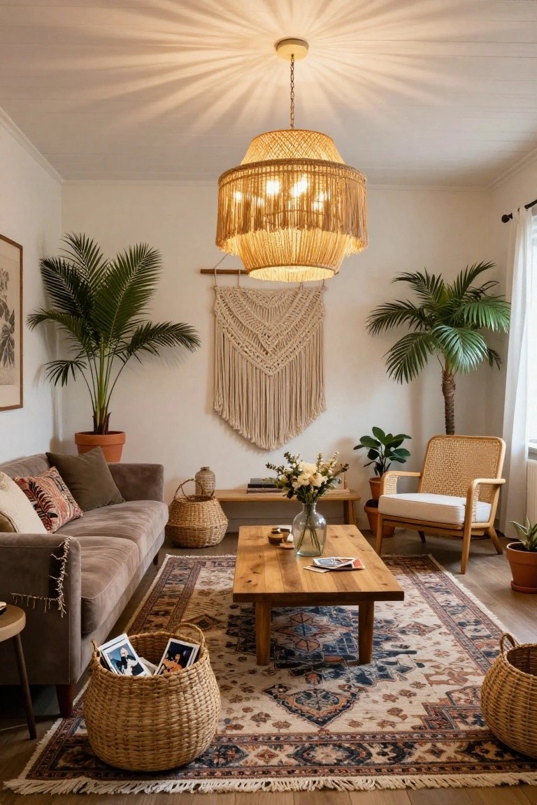 A living room with a large rattan pendant chandelier featuring long fringe tassels hanging over a wooden coffee table, flanked by a velvet sofa, rattan armchair, potted palms, macrame wall hanging, woven baskets, and a patterned rug on hardwood floors.