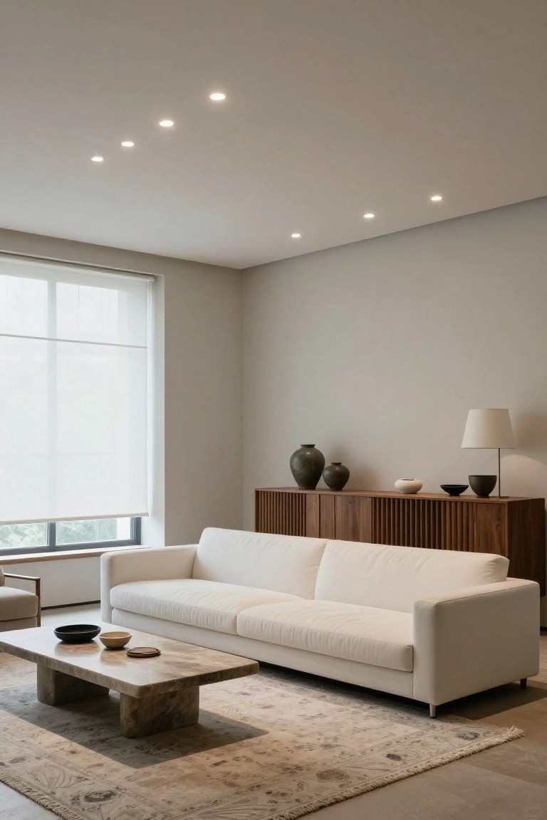 Modern living room with white sofa, wooden credenza topped with ceramic vases and bowls, travertine coffee table, sheer roller blinds on window, and row of recessed ceiling lights.