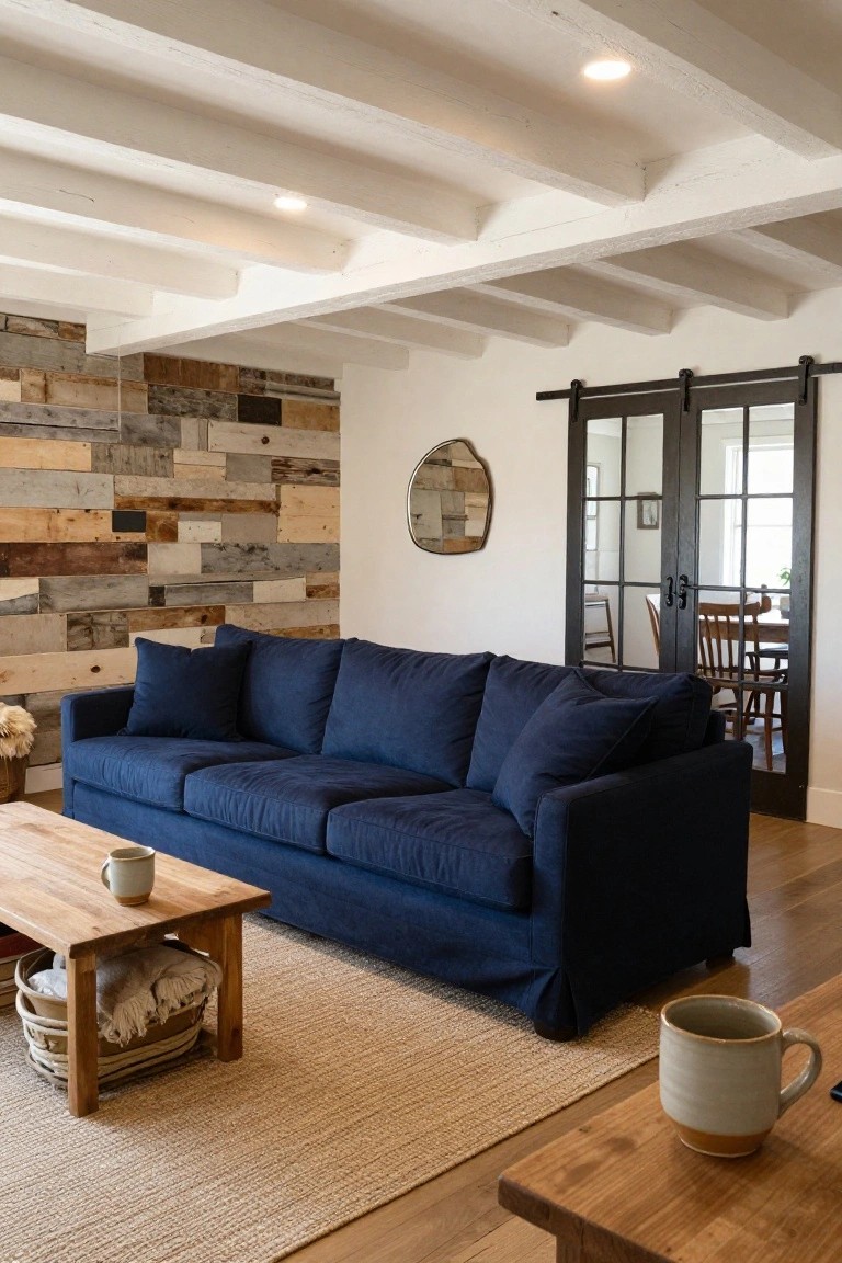 Living room featuring a navy blue sofa, wooden accent wall, white exposed beam ceiling with recessed lights, low wooden coffee table, seagrass rug, and black barn doors to adjacent dining area.